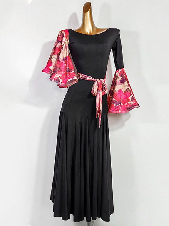 Robe de Danse de Salon Danvewear pour Femmes, Imprimé Plis, Épissure, Performance, Soirée, Manches Longues