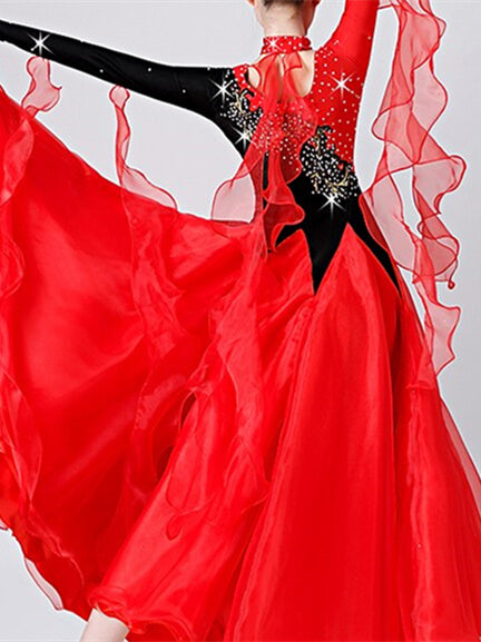 Robe de Danse de Salon pour Femmes, Broderie, Cristaux/Strass, Manches Longues, pour Spectacle, pour Femmes