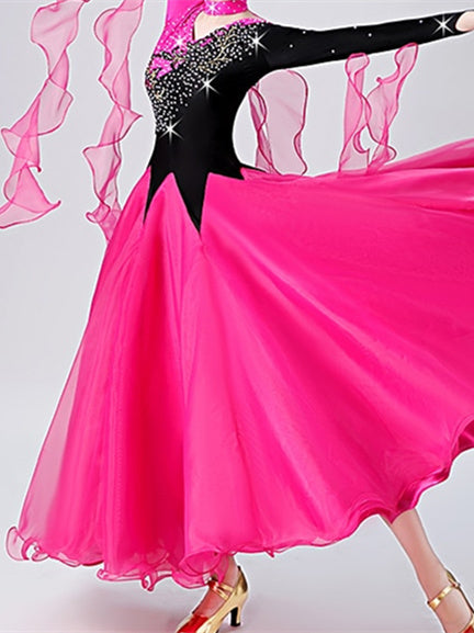 Robe de Danse de Salon pour Femmes, Broderie, Cristaux/Strass, Manches Longues, pour Spectacle, pour Femmes