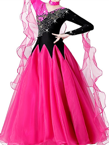 Robe de Danse de Salon pour Femmes, Broderie, Cristaux/Strass, Manches Longues, pour Spectacle, pour Femmes