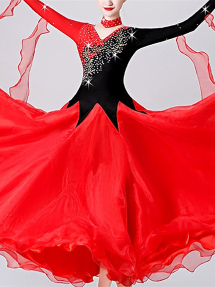 Robe de Danse de Salon pour Femmes, Broderie, Cristaux/Strass, Manches Longues, pour Spectacle, pour Femmes