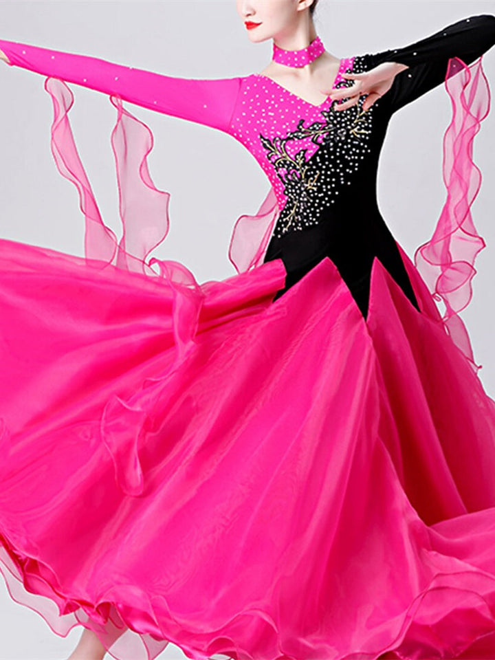 Robe de Danse de Salon pour Femmes, Broderie, Cristaux/Strass, Manches Longues, pour Spectacle, pour Femmes