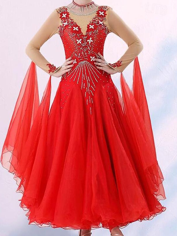 Robe de Danse de Salon pour Femmes avec Cristaux/Strass, Manches Longues pour Femmes