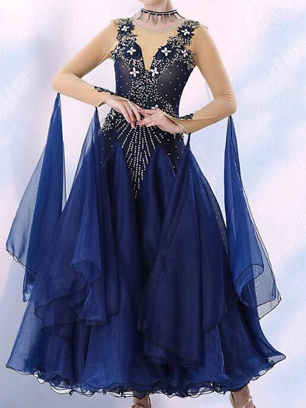 Robe de Danse de Salon pour Femmes avec Cristaux/Strass, Manches Longues pour Femmes