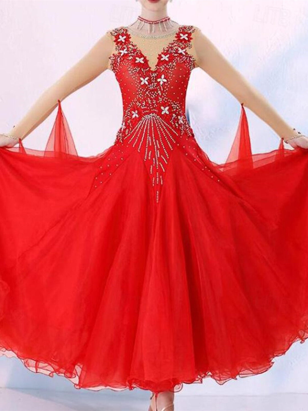 Robe de Danse de Salon pour Femmes avec Cristaux/Strass, Manches Longues pour Femmes