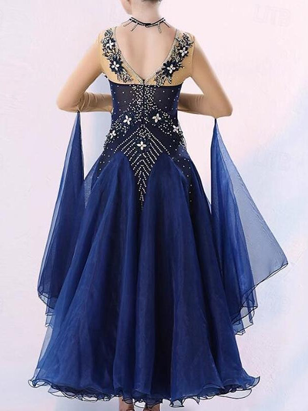 Robe de Danse de Salon pour Femmes avec Cristaux/Strass, Manches Longues pour Femmes