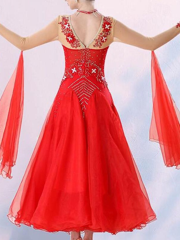 Robe de Danse de Salon pour Femmes avec Cristaux/Strass, Manches Longues pour Femmes
