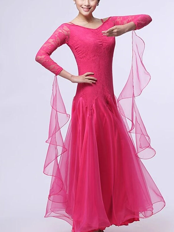 Robe de Danse de Salon pour Femmes, Vêtements de Danse, Dentelle, Épissure de Couleur Pure, Performance, Fête