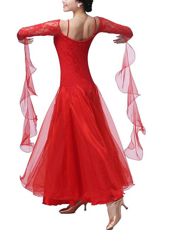 Robe de Danse de Salon pour Femmes, Vêtements de Danse, Dentelle, Épissure de Couleur Pure, Performance, Fête