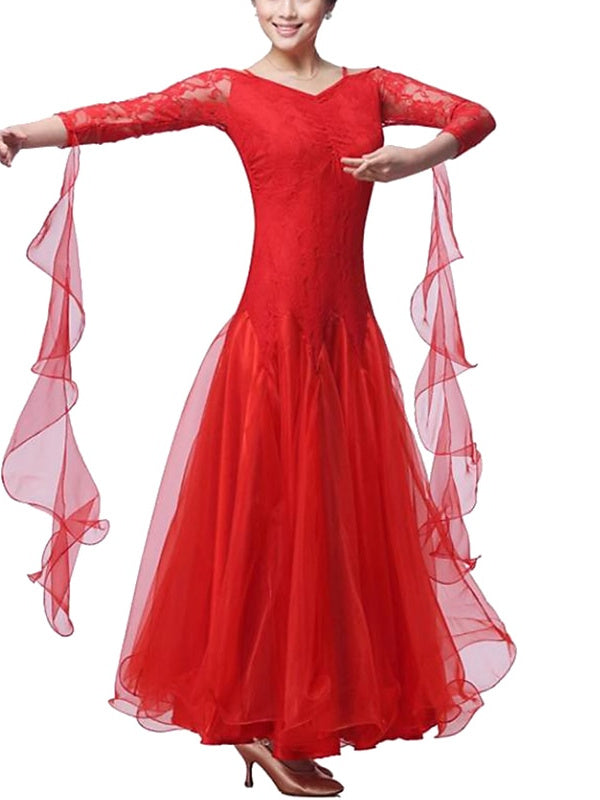 Robe de Danse de Salon pour Femmes, Vêtements de Danse, Dentelle, Épissure de Couleur Pure, Performance, Fête