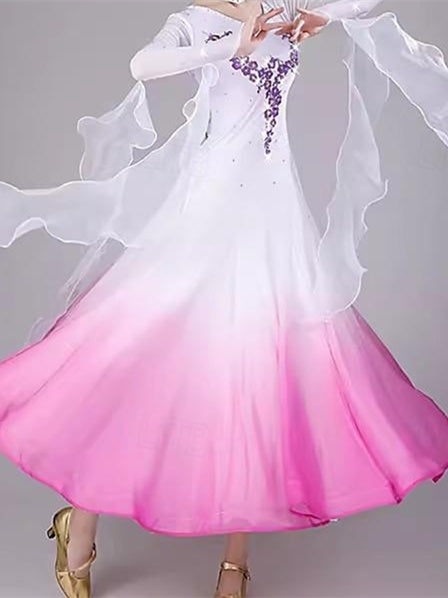 Robe de Danse de Salon pour Femmes, Broderie, Cristaux/Strass, Manches Longues, pour Spectacle, pour Femmes