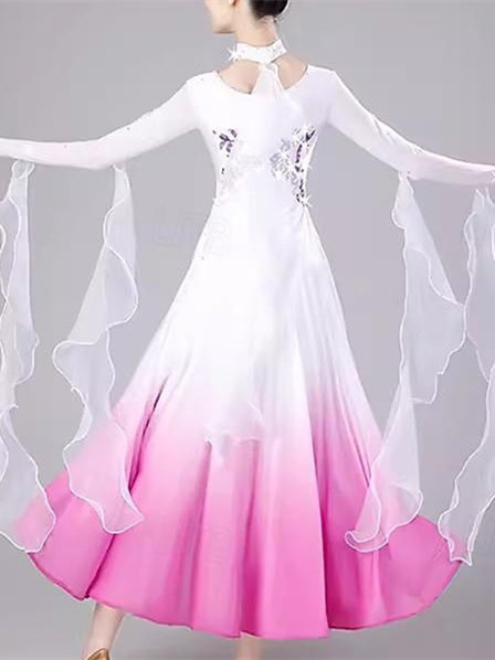 Robe de Danse de Salon pour Femmes, Broderie, Cristaux/Strass, Manches Longues, pour Spectacle, pour Femmes