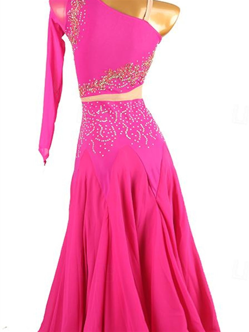 Robe de Danse de Salon pour Femmes, Tenue de Danse de Salon à Strass, Manches Longues pour Femmes