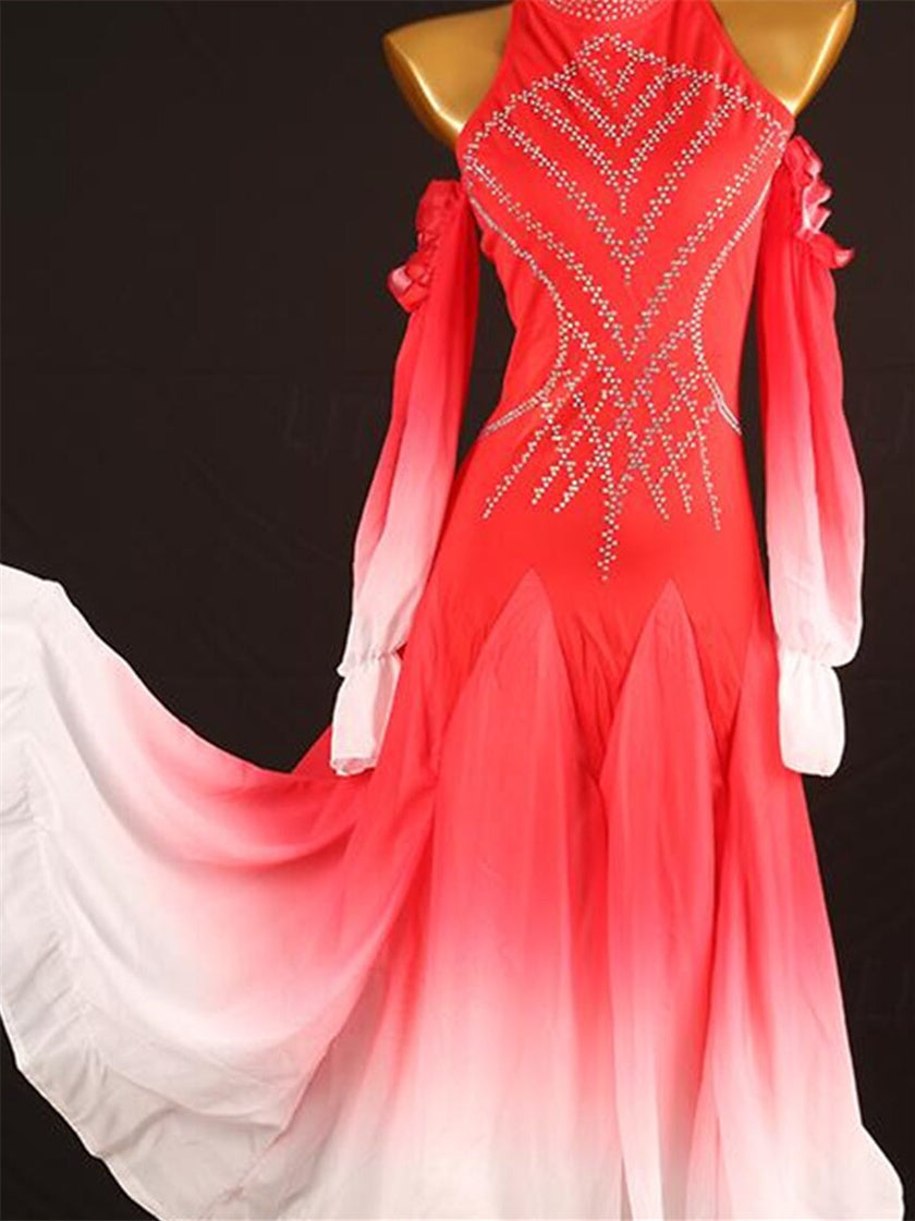 Robe de Danse de Salon pour Femmes, Cristaux/Strass, Tenue de Spectacle Quotidienne pour Femmes, Manches Longues