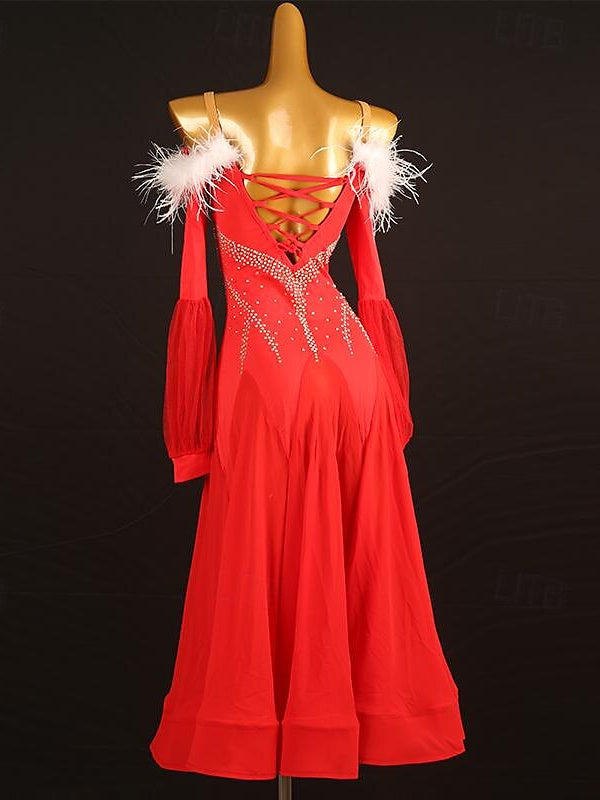 Robe de Danse de Salon pour Femmes, Cristaux/Strass, Manches Longues, pour Spectacle, pour Femmes