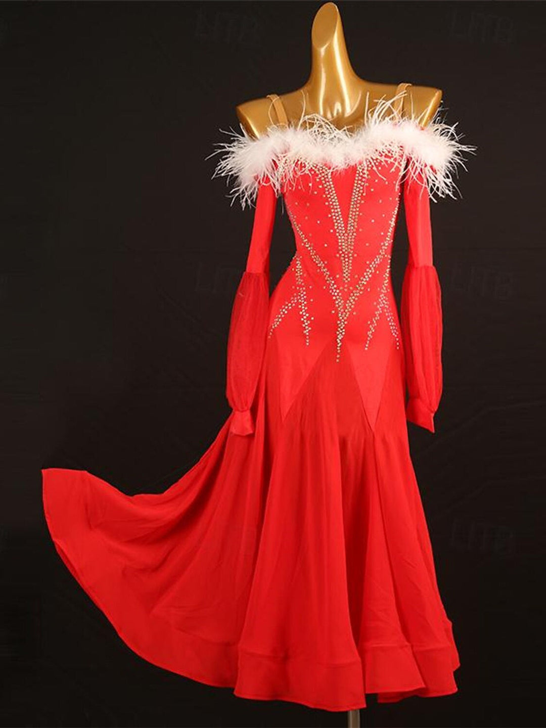 Robe de Danse de Salon pour Femmes, Cristaux/Strass, Manches Longues, pour Spectacle, pour Femmes