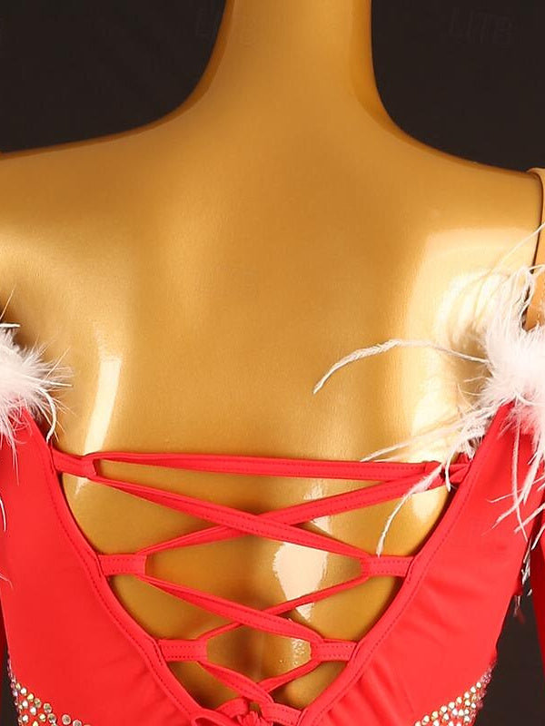 Robe de Danse de Salon pour Femmes, Cristaux/Strass, Manches Longues, pour Spectacle, pour Femmes