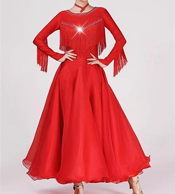 Robe de Danse de Salon pour Femmes, Tenue de Danse de Salon, avec Pompons, Cristaux/Strass, Tenue de Spectacle pour Femmes, Manches Longues