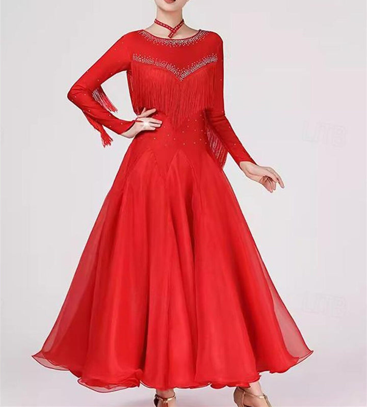 Robe de Danse de Salon pour Femmes, Tenue de Danse de Salon, avec Pompons, Cristaux/Strass, Tenue de Spectacle pour Femmes, Manches Longues