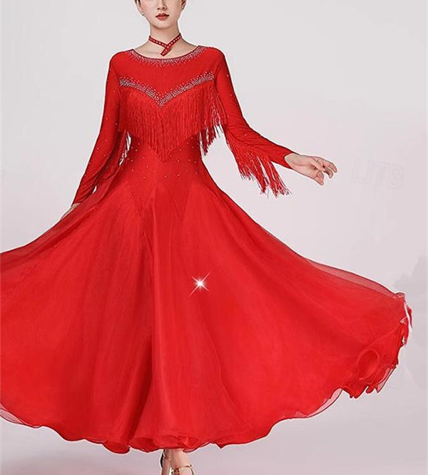 Robe de Danse de Salon pour Femmes, Tenue de Danse de Salon, avec Pompons, Cristaux/Strass, Tenue de Spectacle pour Femmes, Manches Longues