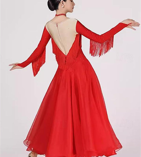 Robe de Danse de Salon pour Femmes, Tenue de Danse de Salon, avec Pompons, Cristaux/Strass, Tenue de Spectacle pour Femmes, Manches Longues