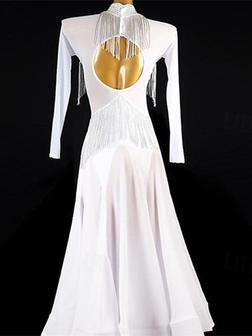 Robe de Danse de Salon pour Femmes, Tenue de Danse de Salon, Épissure de Glands en Strass, Performance pour Femmes, Manches Longues