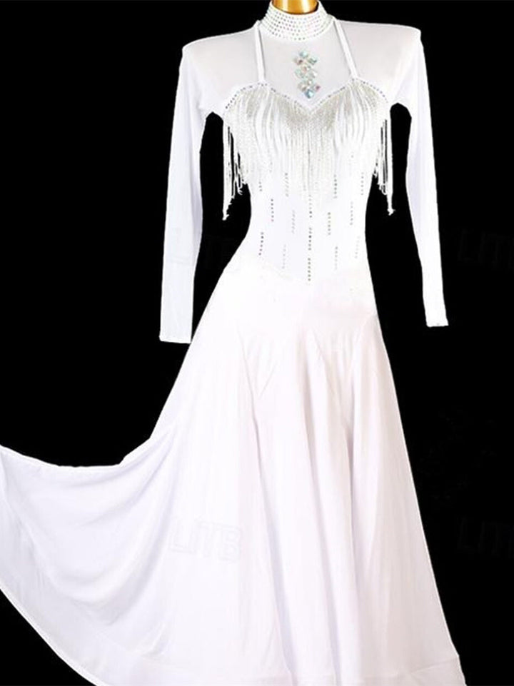 Robe de Danse de Salon pour Femmes, Tenue de Danse de Salon, Épissure de Glands en Strass, Performance pour Femmes, Manches Longues