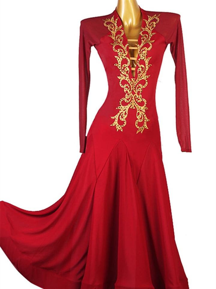 Robe de Danse de Salon pour Femmes, à Volants, Cristaux/Strass, Entraînement de Performance pour Femmes, Manches Longues