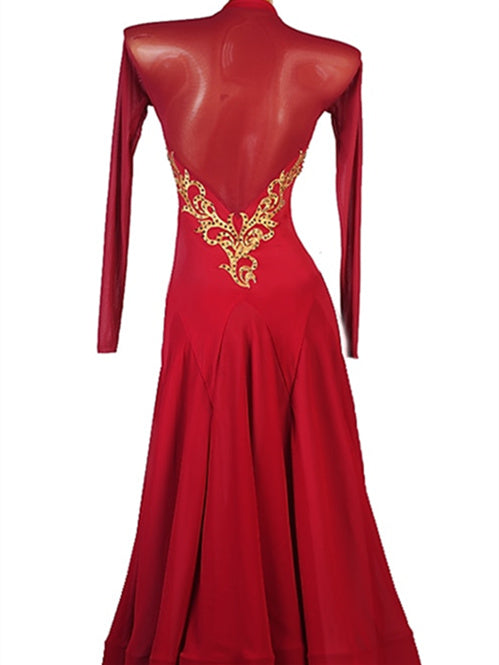 Robe de Danse de Salon pour Femmes, à Volants, Cristaux/Strass, Entraînement de Performance pour Femmes, Manches Longues