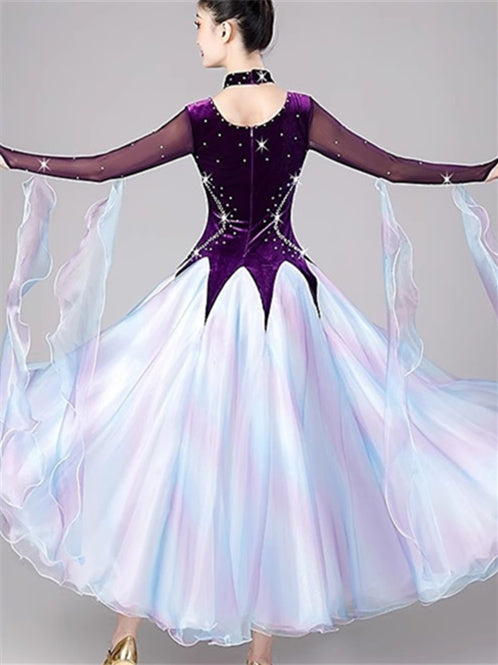 Robe de Danse de Salon pour Femmes avec Cristaux/Strass et Manches Longues pour Femmes