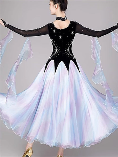 Robe de Danse de Salon pour Femmes avec Cristaux/Strass et Manches Longues pour Femmes