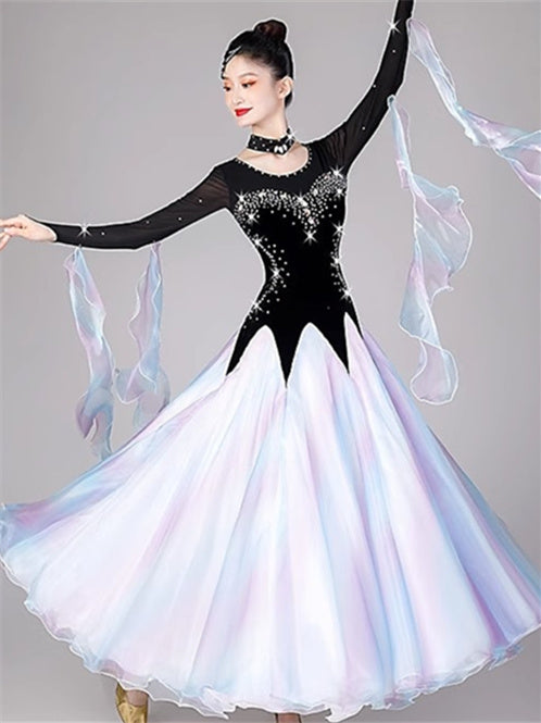 Robe de Danse de Salon pour Femmes avec Cristaux/Strass et Manches Longues pour Femmes