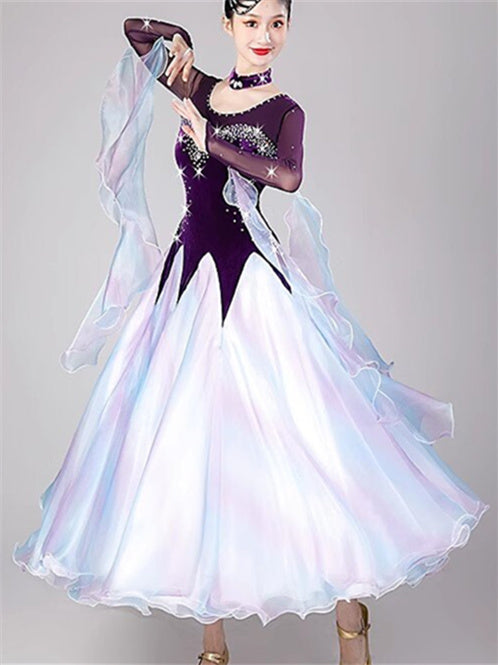 Robe de Danse de Salon pour Femmes avec Cristaux/Strass et Manches Longues pour Femmes