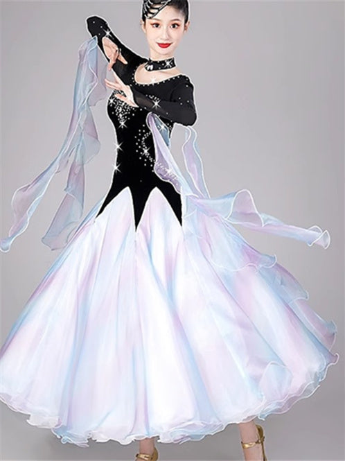 Robe de Danse de Salon pour Femmes avec Cristaux/Strass et Manches Longues pour Femmes