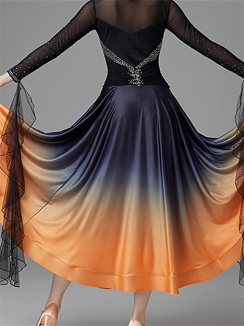 Robe de Danse de Salon pour Femmes, Cristaux/Strass, Manches Longues, pour Spectacle, pour Femmes