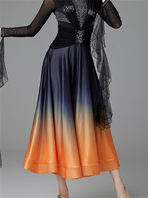 Robe de Danse de Salon pour Femmes, Cristaux/Strass, Manches Longues, pour Spectacle, pour Femmes