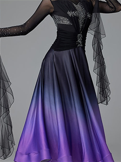Robe de Danse de Salon pour Femmes, Cristaux/Strass, Manches Longues, pour Spectacle, pour Femmes