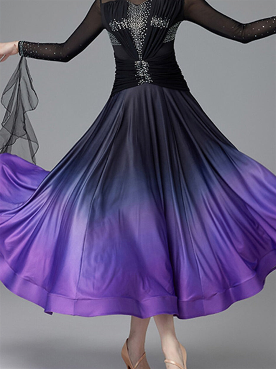 Robe de Danse de Salon pour Femmes, Cristaux/Strass, Manches Longues, pour Spectacle, pour Femmes