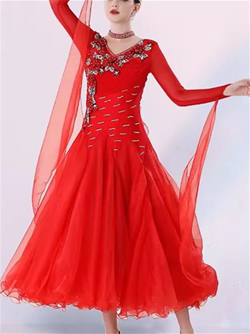 Robe de Danse de Salon pour Femmes, Broderie, Cristaux/Strass, Manches Longues, pour Spectacle, pour Femmes