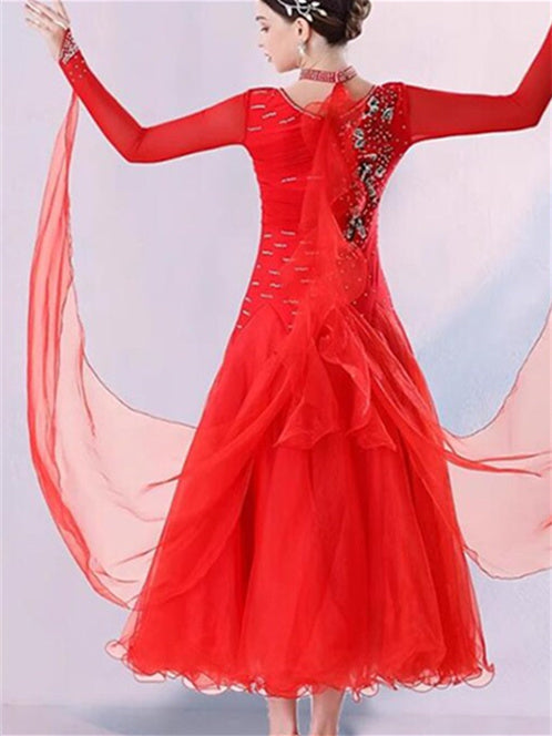 Robe de Danse de Salon pour Femmes, Broderie, Cristaux/Strass, Manches Longues, pour Spectacle, pour Femmes