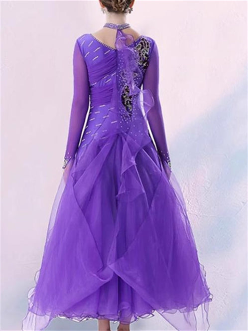 Robe de Danse de Salon pour Femmes, Broderie, Cristaux/Strass, Manches Longues, pour Spectacle, pour Femmes