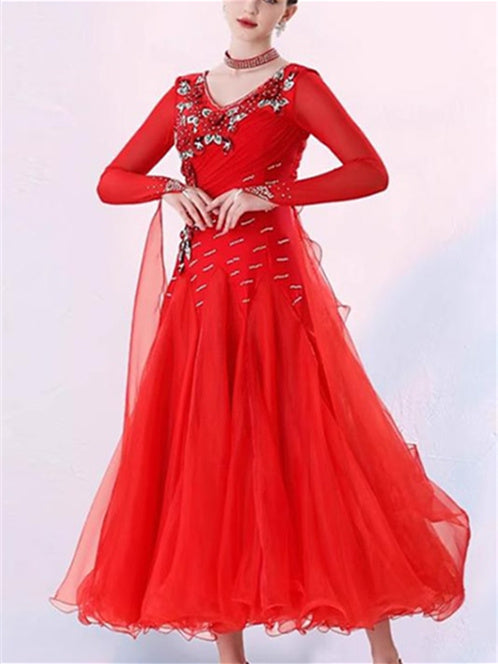 Robe de Danse de Salon pour Femmes, Broderie, Cristaux/Strass, Manches Longues, pour Spectacle, pour Femmes