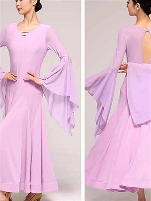 Robe de Danse de Salon pour Femmes, Tenue de Danse de Salon, Strass, Couleur Pure, Épissure, Performance, Fête, Manches Longues