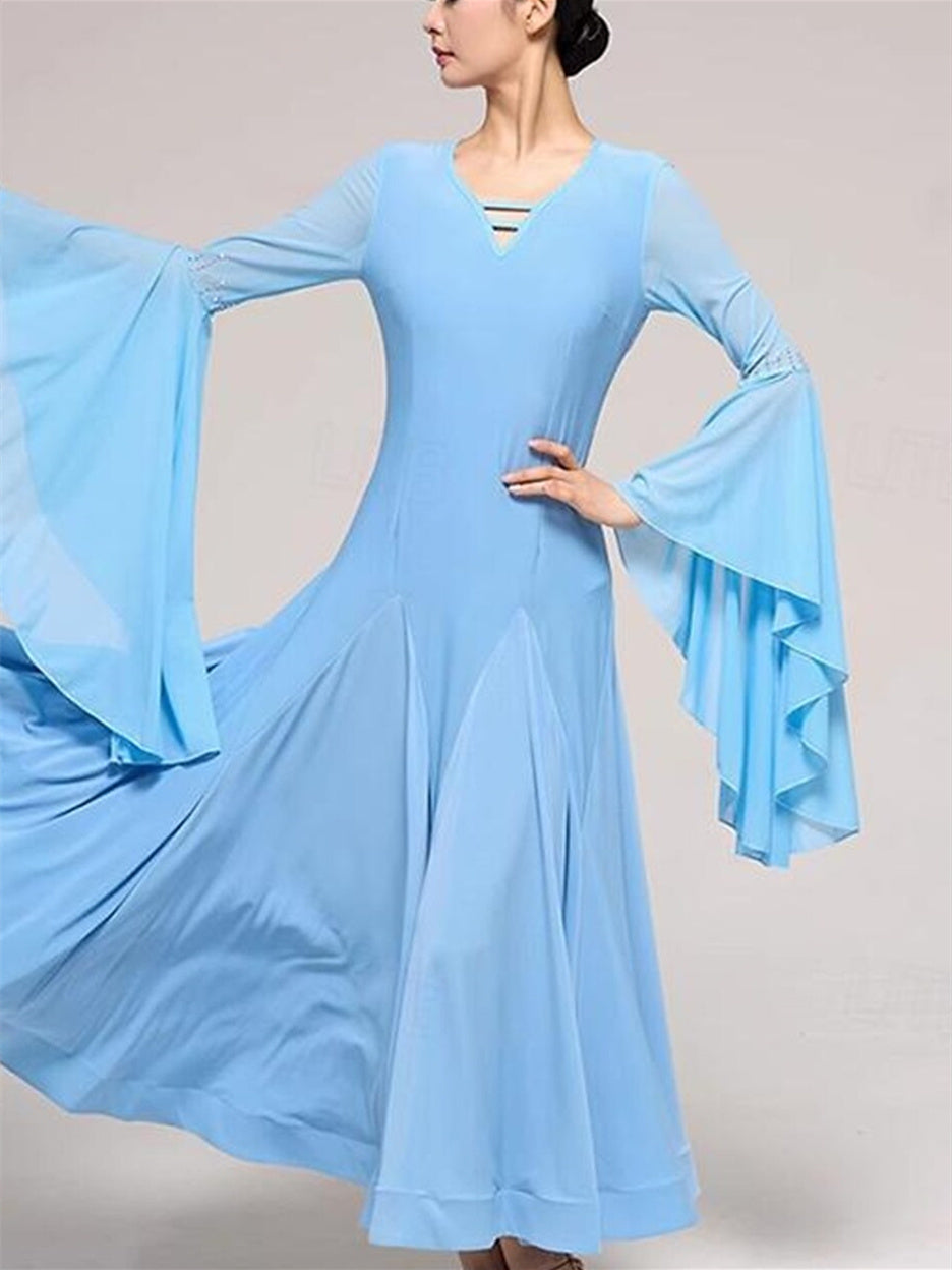 Robe de Danse de Salon pour Femmes, Tenue de Danse de Salon, Strass, Couleur Pure, Épissure, Performance, Fête, Manches Longues