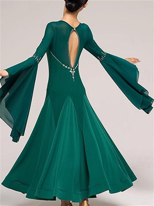 Robe de Danse de Salon pour Femmes, Tenue de Danse de Salon, Strass, Couleur Pure, Épissure, Performance, Fête, Manches Longues