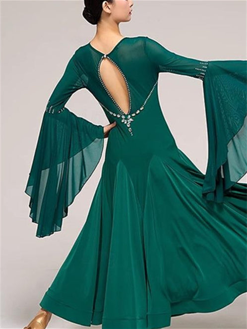 Robe de Danse de Salon pour Femmes, Tenue de Danse de Salon, Strass, Couleur Pure, Épissure, Performance, Fête, Manches Longues