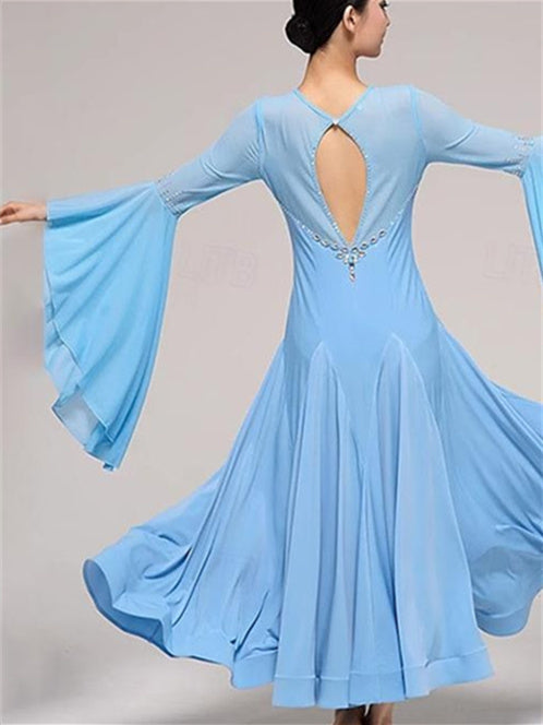 Robe de Danse de Salon pour Femmes, Tenue de Danse de Salon, Strass, Couleur Pure, Épissure, Performance, Fête, Manches Longues