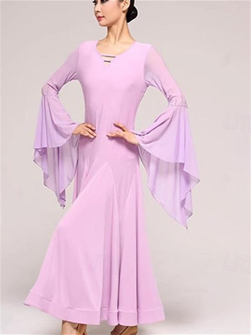 Robe de Danse de Salon pour Femmes, Tenue de Danse de Salon, Strass, Couleur Pure, Épissure, Performance, Fête, Manches Longues