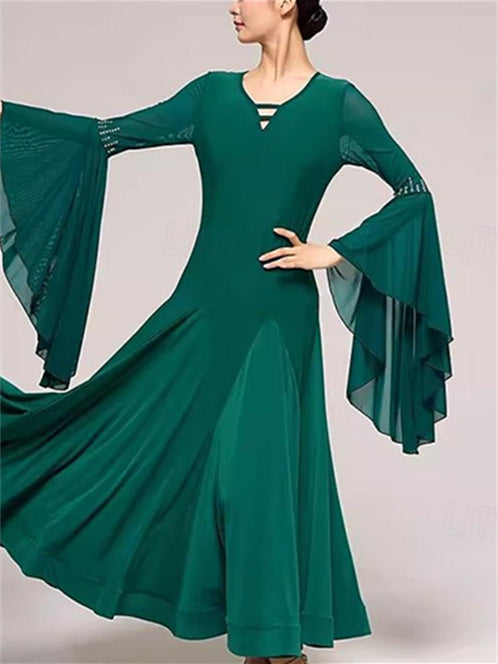 Robe de Danse de Salon pour Femmes, Tenue de Danse de Salon, Strass, Couleur Pure, Épissure, Performance, Fête, Manches Longues