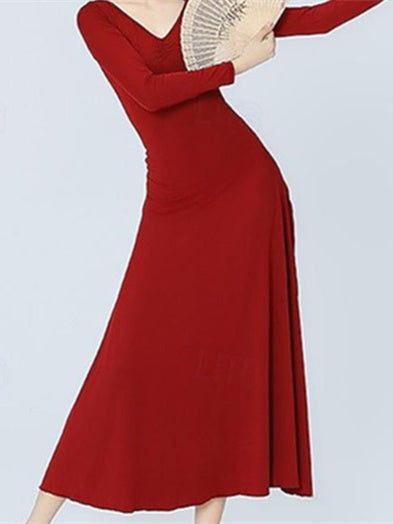 Vêtements de Danse pour Femmes Danse Latine Robe de Danse de Salon Couleur Pure Entraînement pour Femmes Manches Longues